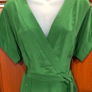 Anthropologie Maeve green, silk, belted dress